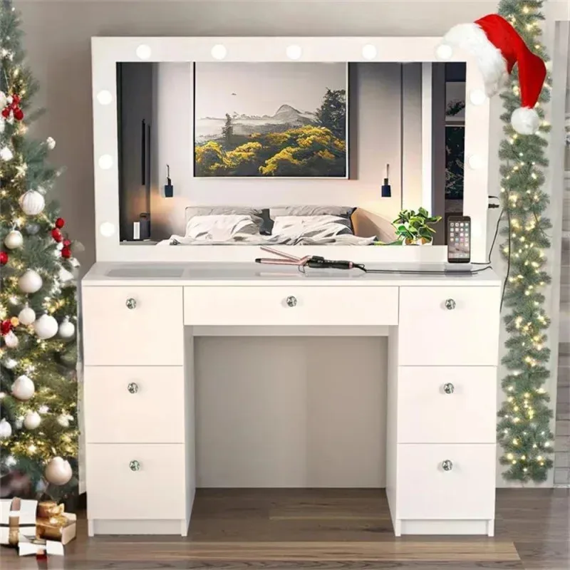 QAZ8-Bhaus Yara مكتب غرفة نوم كبير مع مرآة وأضواء. 7 أدراج. سطح زجاجي. مقابض كريستال - مكياج أبيض كبير @ Y