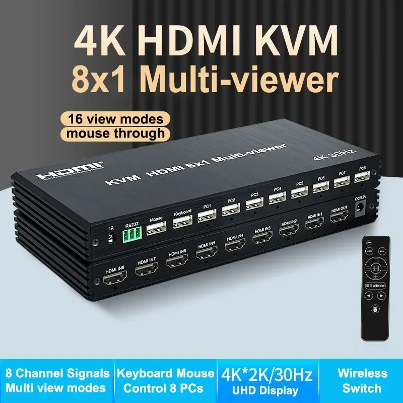 

4K HDMI KVM Multiviewer Screen Splitter 4x1 8X1 HDMI KVM Quad Multivisor Seamless Switch Segmentacion for USB Mouse and Keyboard