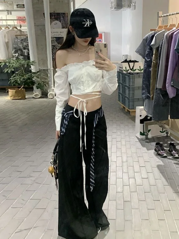 

Korean Style White One-Shoulder Short Shirt Women's Summer Design Unique Shoulder Exposure Elegant Beautiful Ladies Top