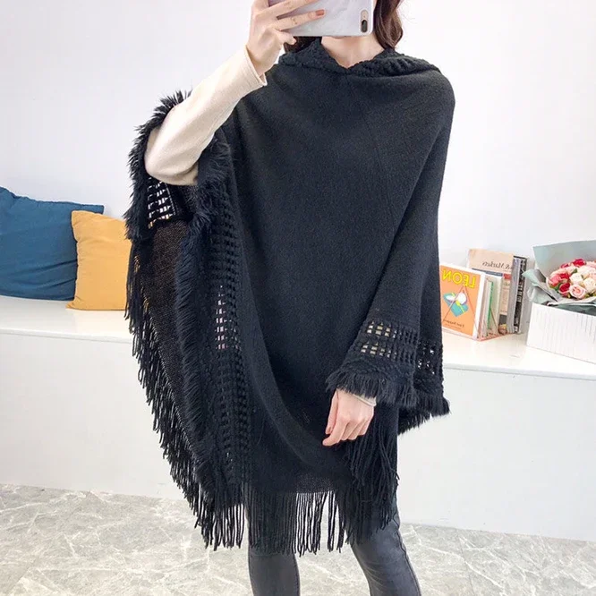 Spring Autumn New Women Winter Knit Hooded Poncho Cape Crochet Fringed Tassel Shawl Wrap Sweater Even Hat Girls Keep Warm Red