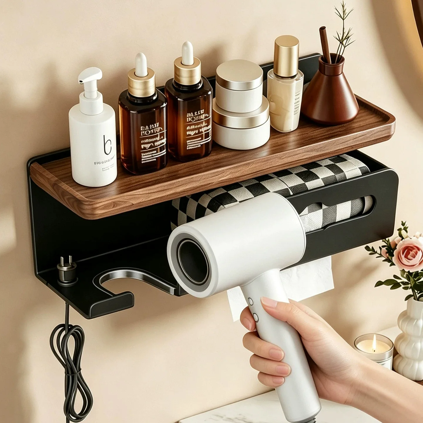 Wall Mounted Walnut Style Hair Dryer Holder Face Towel Storage Carbon Steel Bathroom Organizer Drill Or No Installation