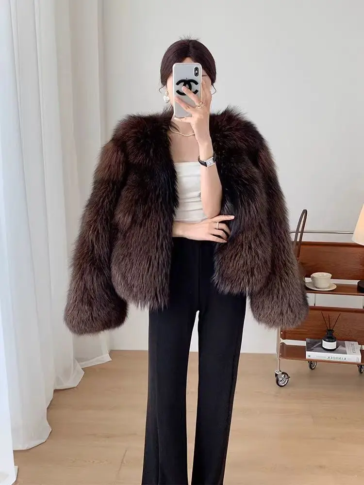 Light luxury new rare fox coffee fox whole leather fur integrated fox fur coat winter warm fox fur real fur coat