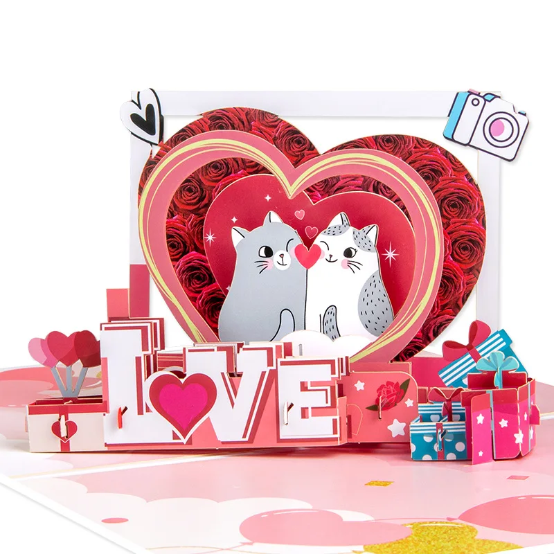 Pop up style creative 3D Valentine's Day greeting card handmade paper carving holiday blessings gift love cat Includes envelope