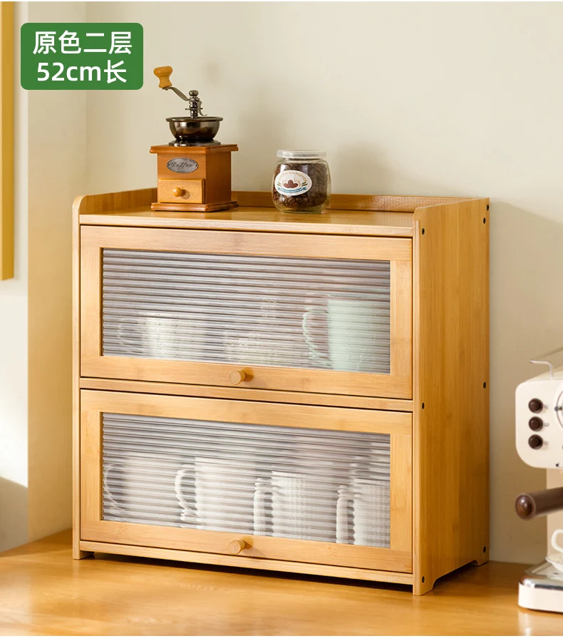 Natural Bamboo Storage Cabinets Dustproof Acrylic Doors Cup Holder Tea Set Display Kitchen Organizer Dining Room
