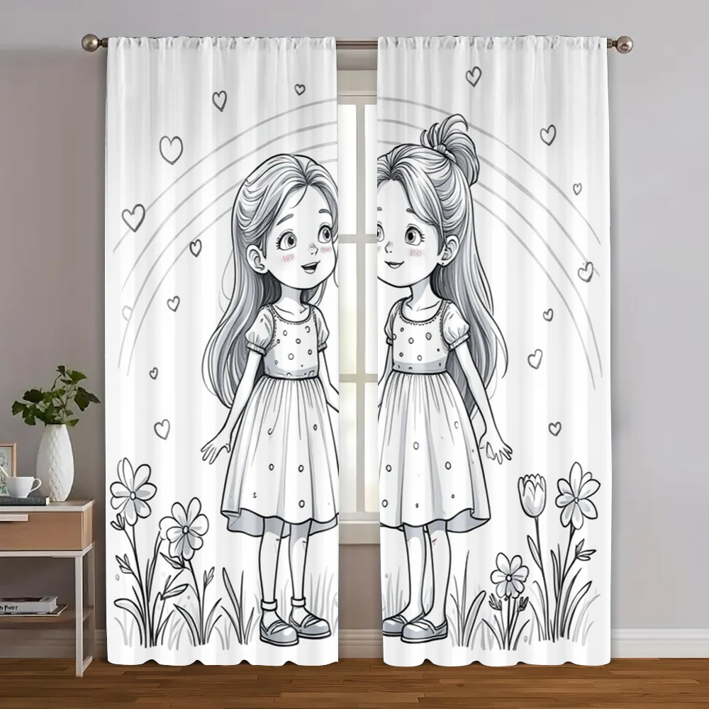 

2pcs, Print Curtains Two Cute Dolls Polyester Easy Install (without rod) Festive Perfect for Bedroom Living Room Study Room
