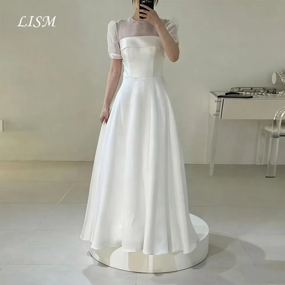 

LISM Simple Women Wedding Dresses O-Neck Short Sleeves Organza and Silk Satin Wedding Party Dresses Customized Bridal Dresses
