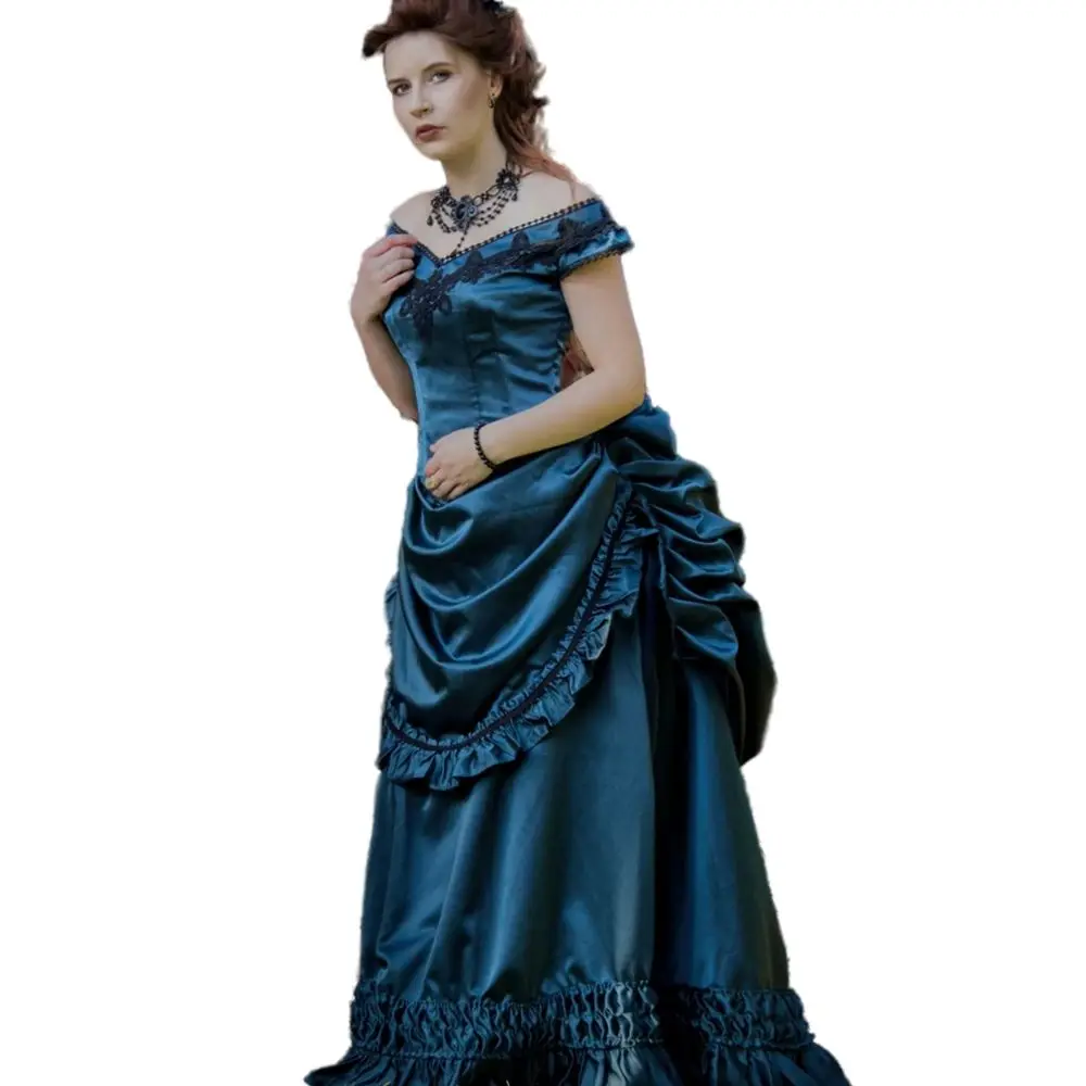 Teal Blue Vintage Victorian Bustle Evening Dresses Retro Off Shoulder Lace-up Corset Gothic Ruffles Pleats 1820S Prom Gown