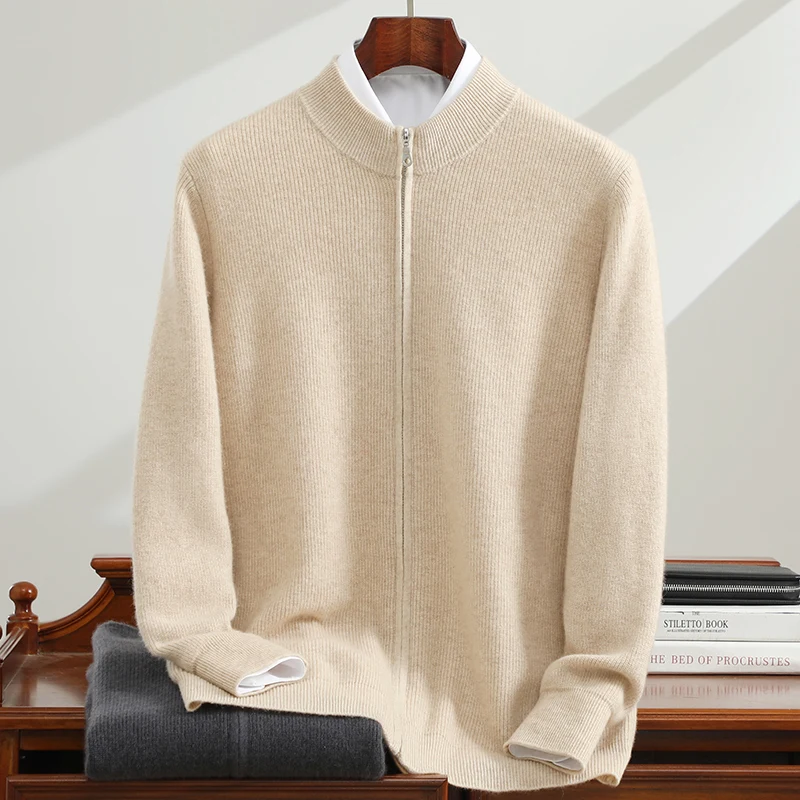 

Autumn Winter New Thickened Zipper Cardigan Men's Warm Outerwear Casual Knitted Top 100% Cashmere Sweater Wool Coat