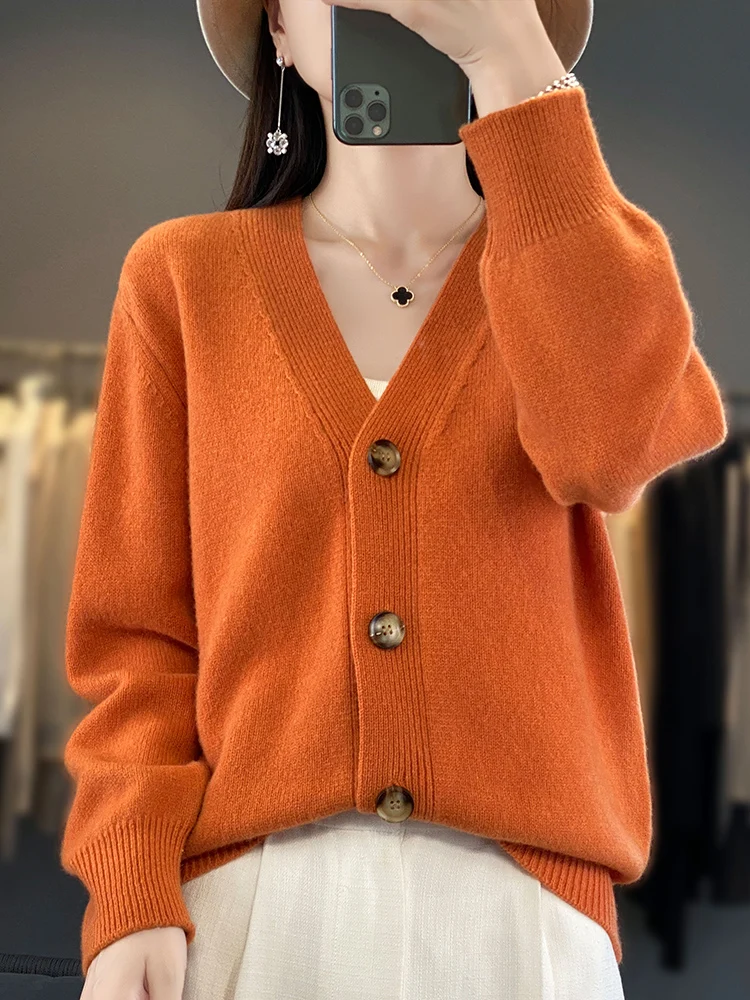 ADDONEE Women V-neck Casual Cardigan Sweater For Spring Autumn Pure Color Long Sleeve Coat 100% Merino Wool Cashmere Knitwear