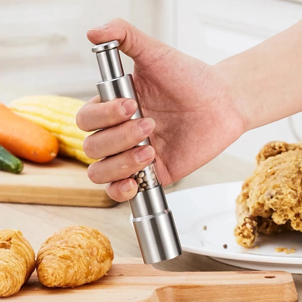 Salt Pepper Grinders With Push Button Tops Stainless Steel Base And Rod One Handed Salt And Pepper Mill Kitchen Cooking Gadgets