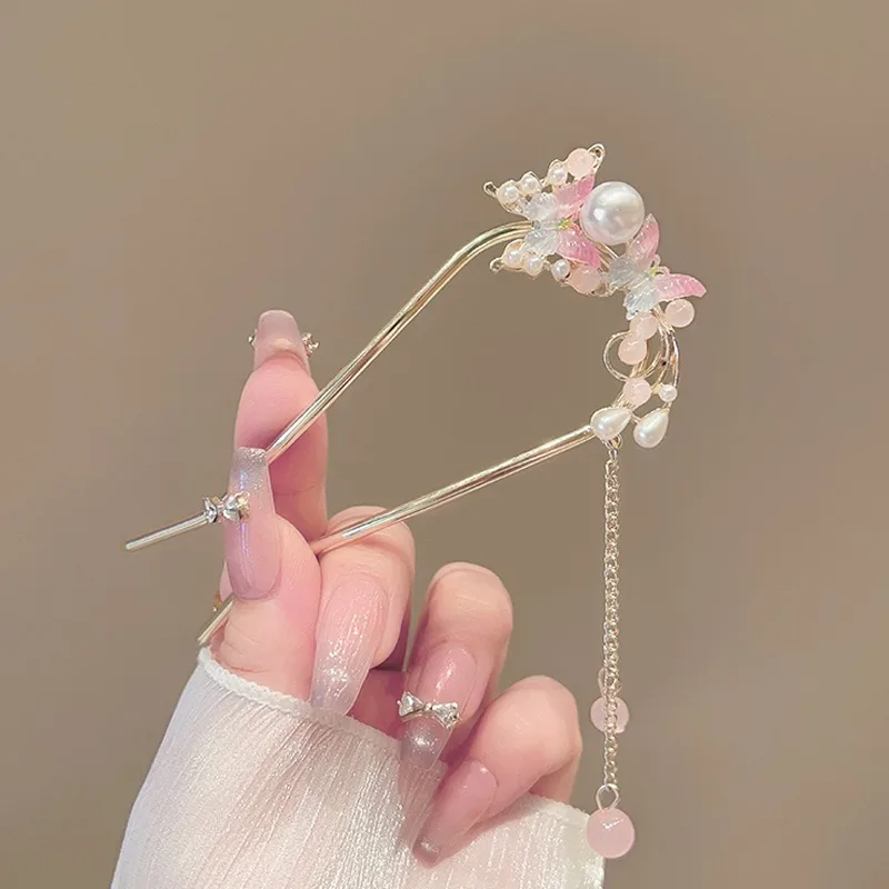 رائعة وعصرية المعادن زهرة فراشة شرابة النمط الصيني فتاة U على شكل Hanfu مشبك شعر أغطية الرأس مجوهرات عصا الشعر