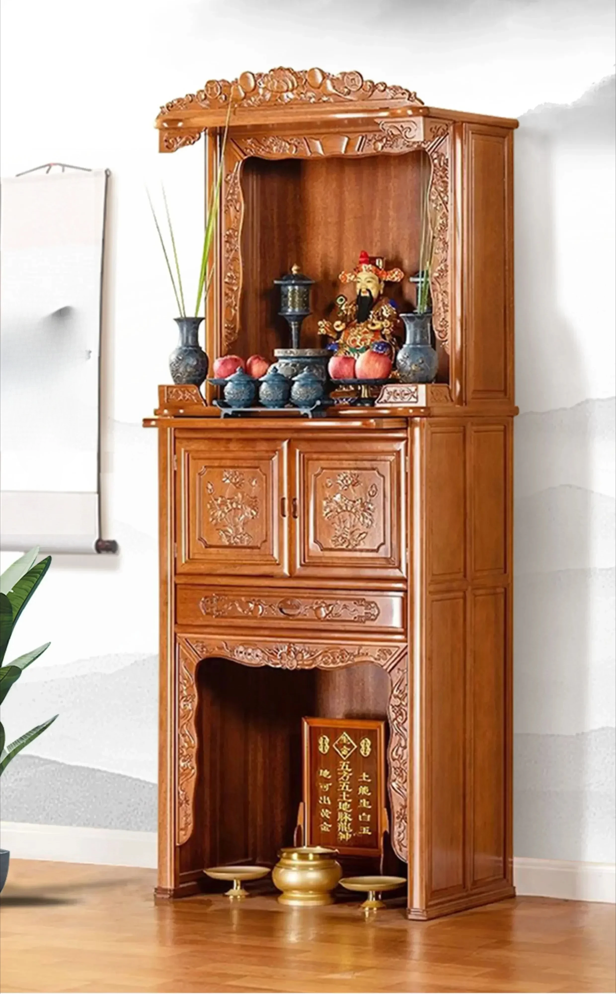 

Two-Layer Solid Wood Altar Cabinet Chinese Buddha Niche Altar Buddha God of Wealth Cabinet