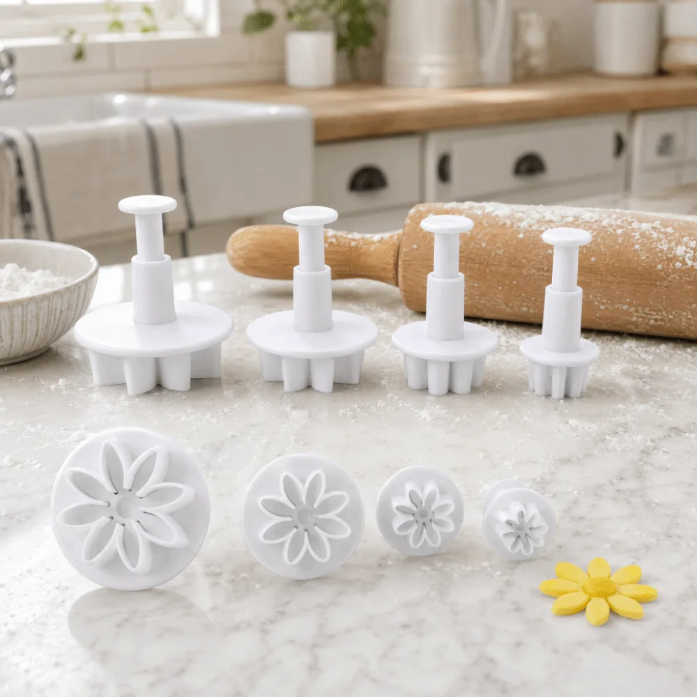 8pcs PP Fondant Cutter Mold 8 Petals Shape Chrysanthemum Design Flower Plunger Cutter Daisy Pattern Plunger Mechanism