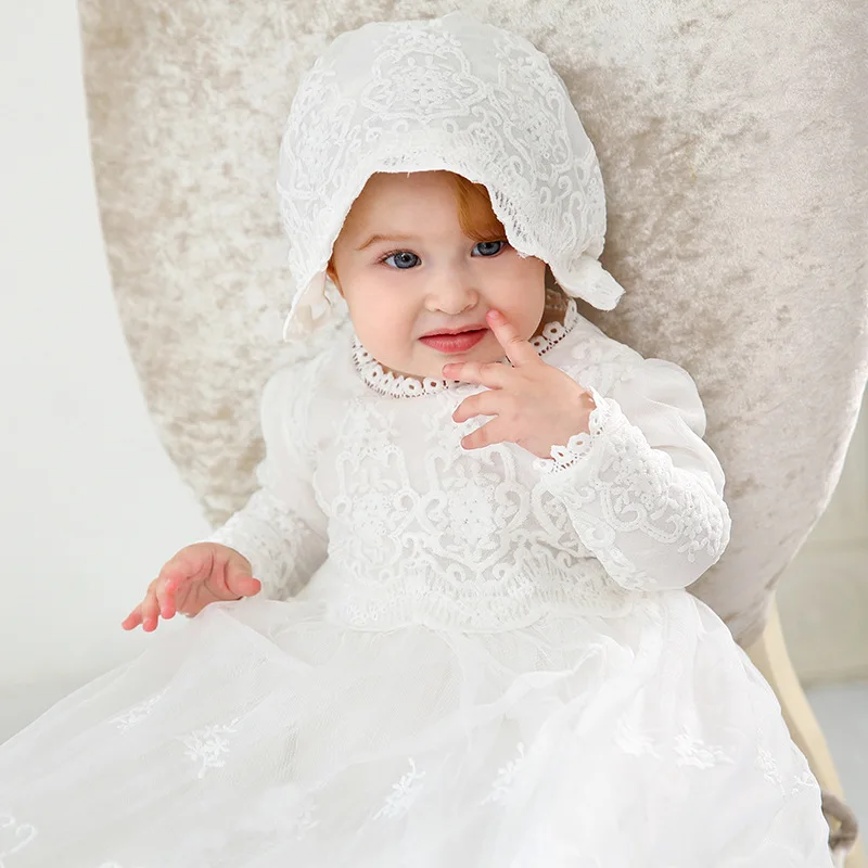 Baby Girl Baptism Dress for Birthday Infant Long Sleeve Party Dress Kid's Lace White Clothes with Hat 0-24M