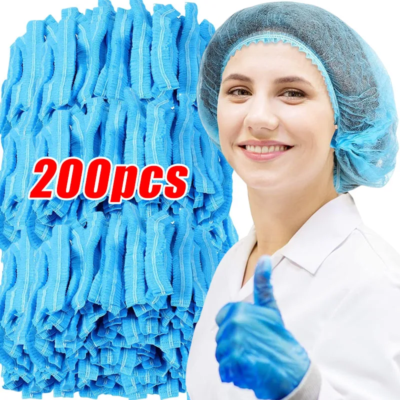 

200pcs Disposable Bouffant Caps Stretch Net Hair Head Cover Non Woven Fabric Dust Strip Hat Cooking Kitchen Bathroom Supplies