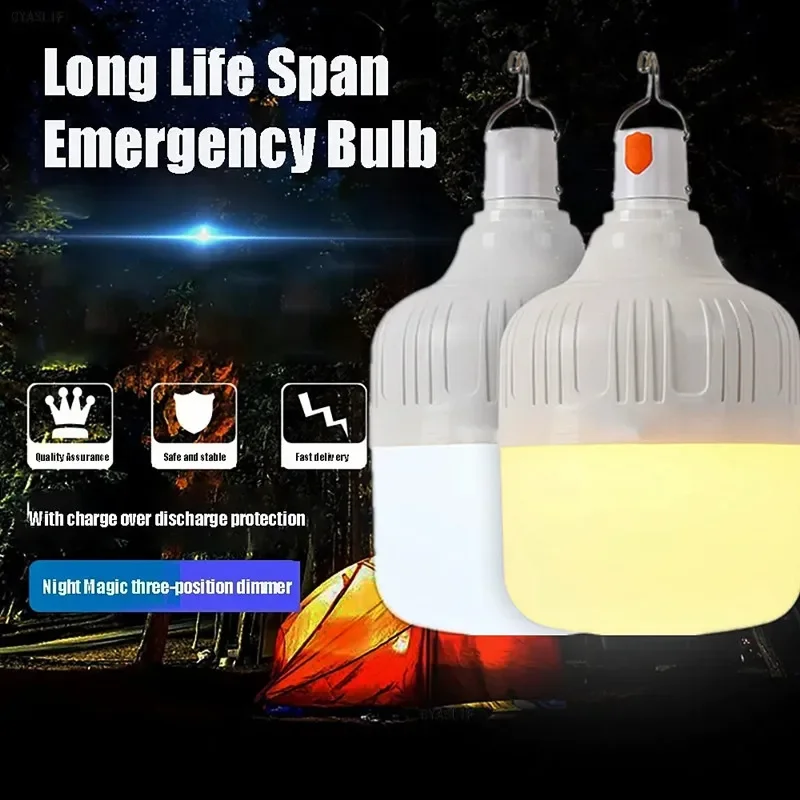 Gancho de luz de emergencia portátil todo en uno de tres colores, bombilla LED para acampar al aire libre, luz de carga USB, iluminación de Patio,