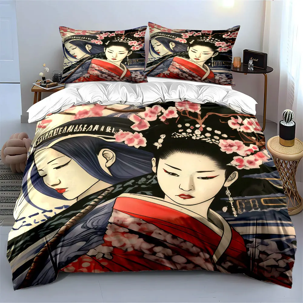 Vintage Japanese Ukiyo-e Geisha Cherry Blossom Bedding Set 3pcs, Oriental Kimono Lady Floral Print Duvet Cover,bedroom decor