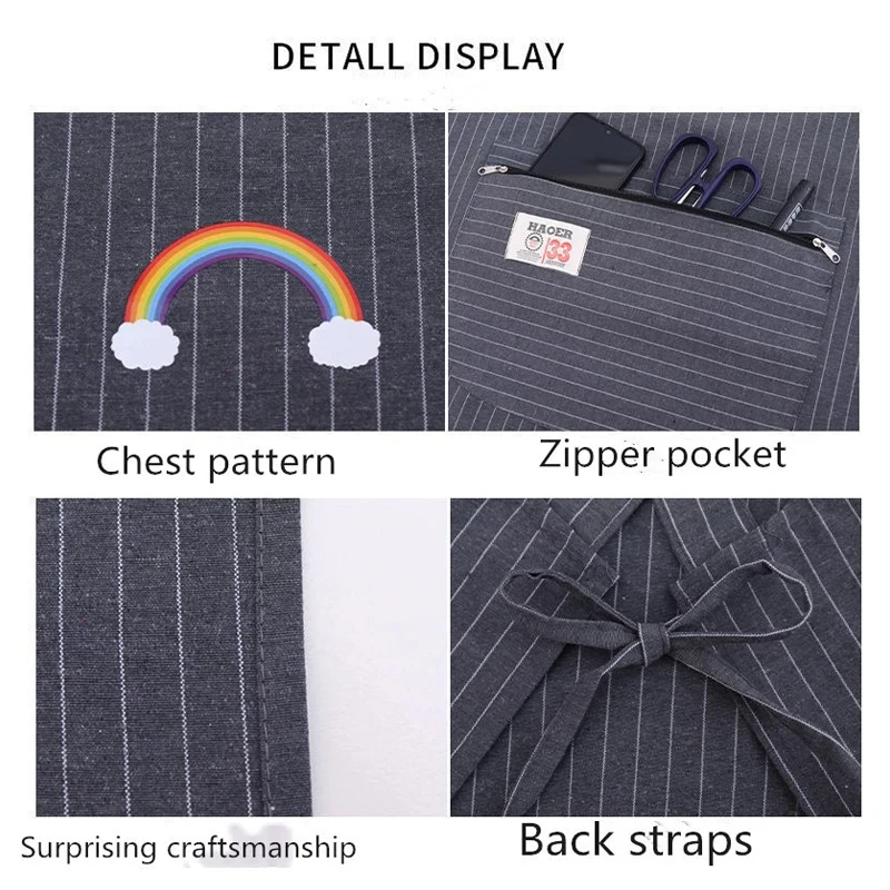 Kitchen Oil Resistant Aprons Striped Zippered Cotton Apron With Straps Breathable Apron Women\'S Dirt Resistant Work Clothes