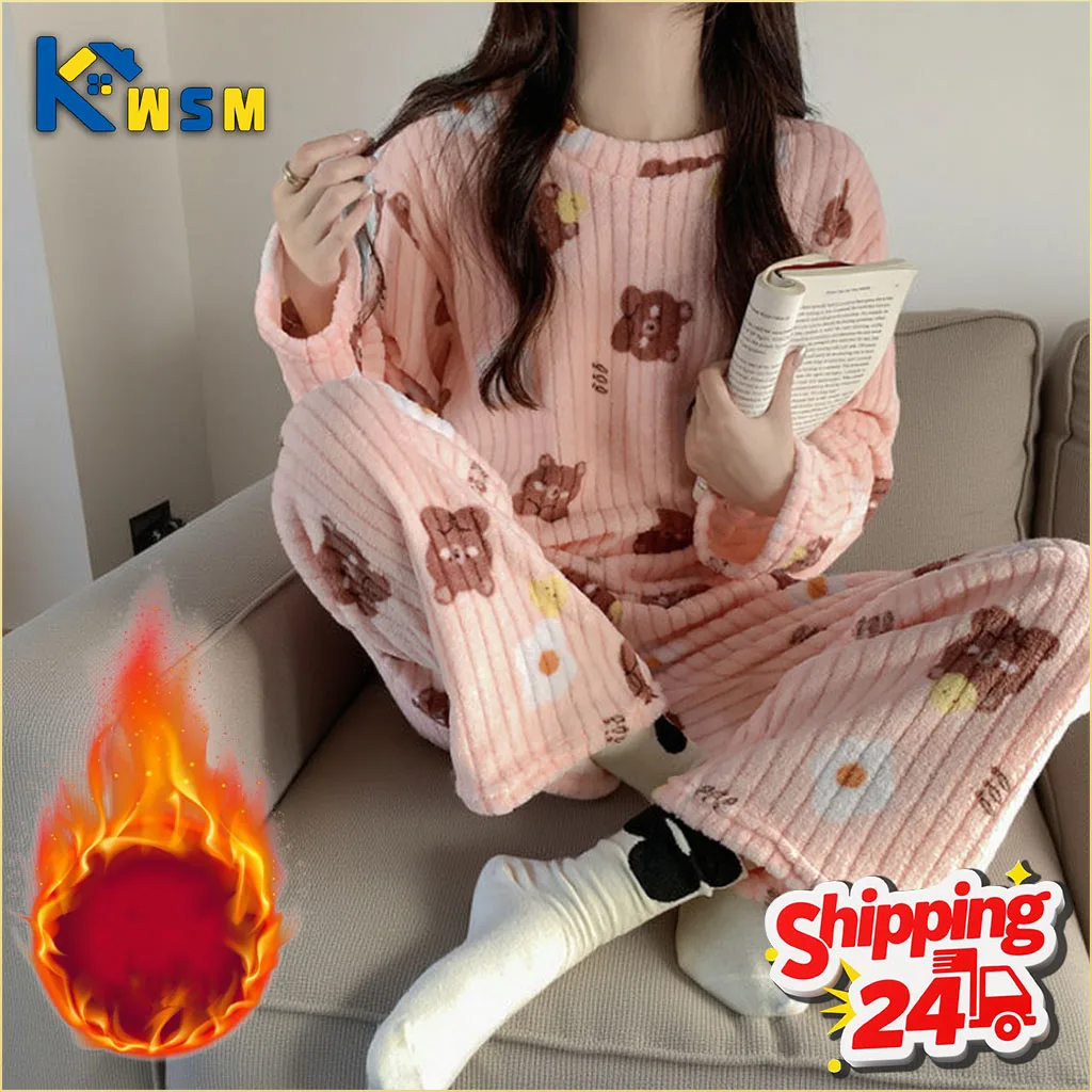 

Autumn and Winter Coral Fleece Pajamas Set for Women Warm Lined Loungewear Cozy Home Sleepwear Christmas Gift