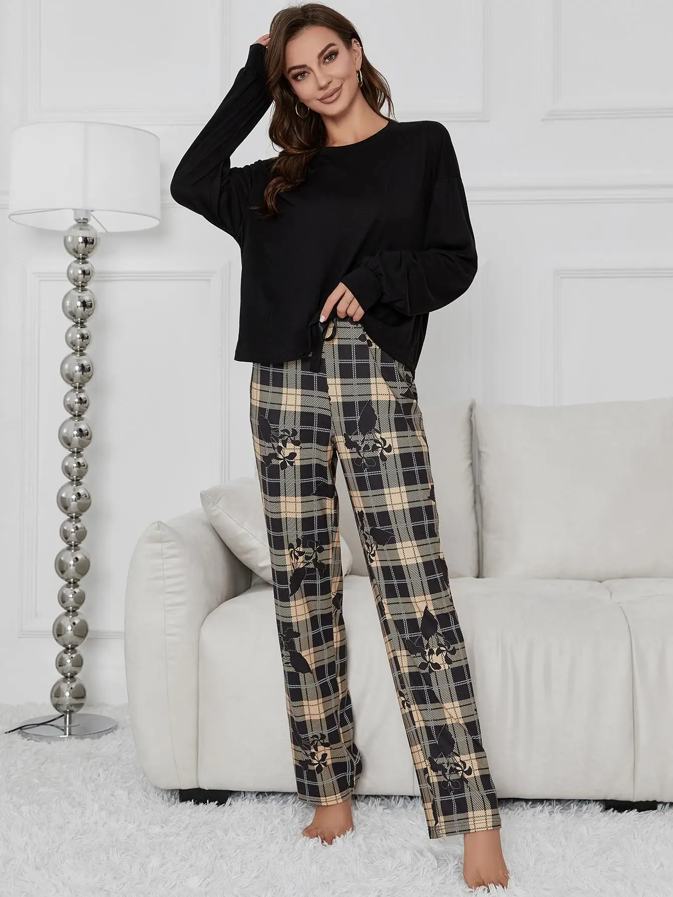 Women Pajama Set Solid Long Sleeve Top & Full-Length Plaid Pants Panda Print 2 Pieces Sleepwear Female Nightwear Homwear Cloth