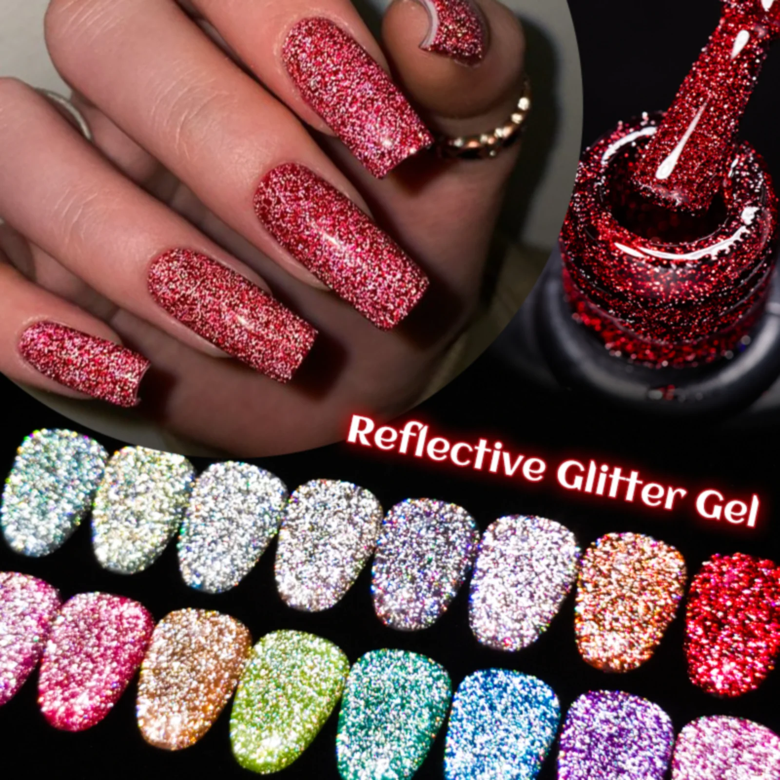 7ml Żelowy lakier do paznokci z efektem brokatu odblaskowego, czerwono-różowy, srebrny, błyszczący, półtrwały, utwardzany światłem UV/LED, żelowy lakier do manicure, artykuły do samodzielnego zdobienia paznokci