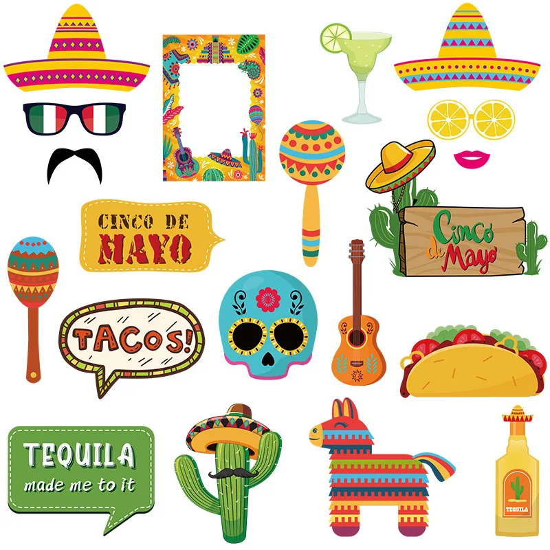 20Pcs Fiesta Mexican Party Cinco De Mayo Photo Booth Props for Mexican Cactus Taco Theme Party Decoration Birthday Party Supply