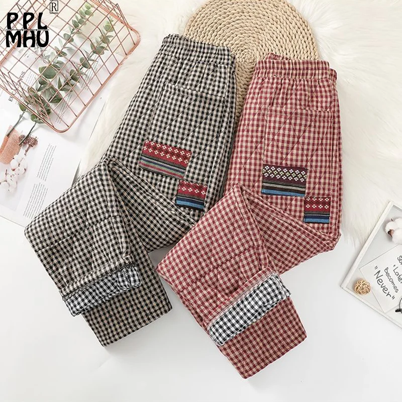 Loose Elastic High Waist Warm Cotton Pantalones Mother\'s Casual Quilted Thicken Pants Vintage Patchwork Plaid Winter Pants Women