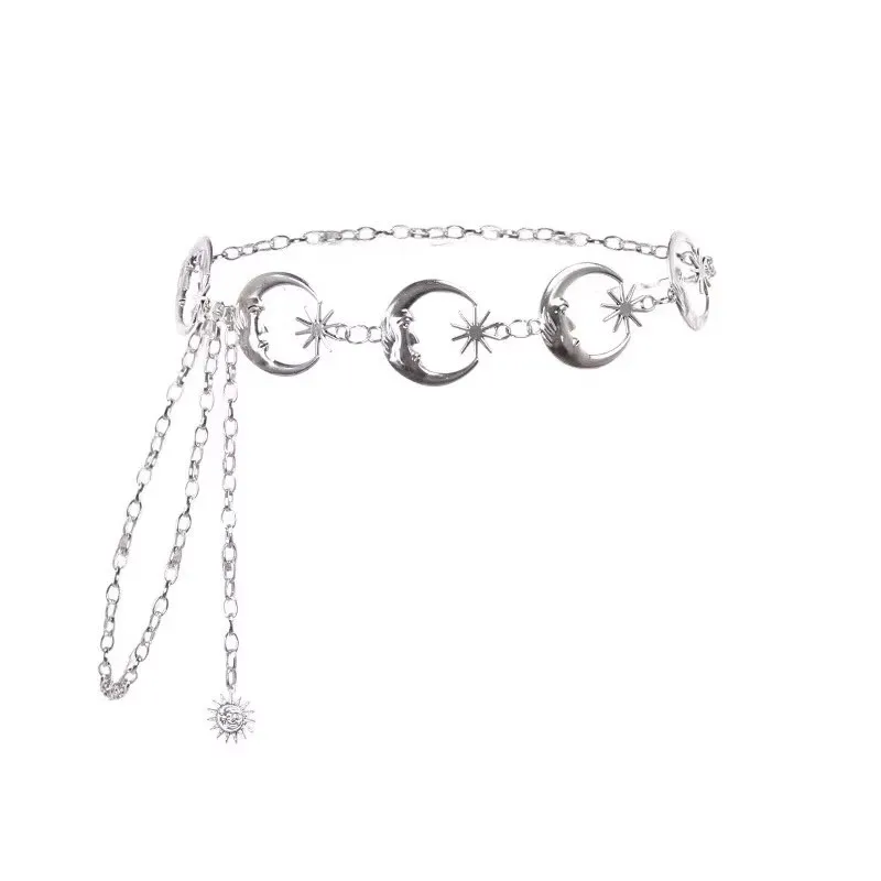 

Womens Fashion Belt Hip High Waist Gold Silver Narrow Metal Chain Gothic Moon Silver Pendant Vintage High Waist Chain