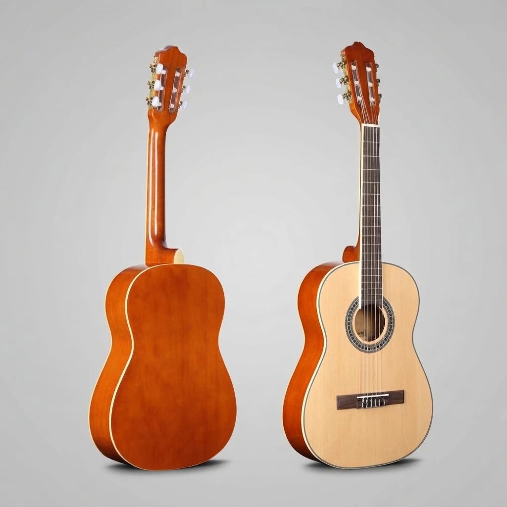 Beginner Friendly Classical Nylon Guitar, Natural Top Orange Back, Slotted Headstock, White Tuners, Wide Neck for Beginners