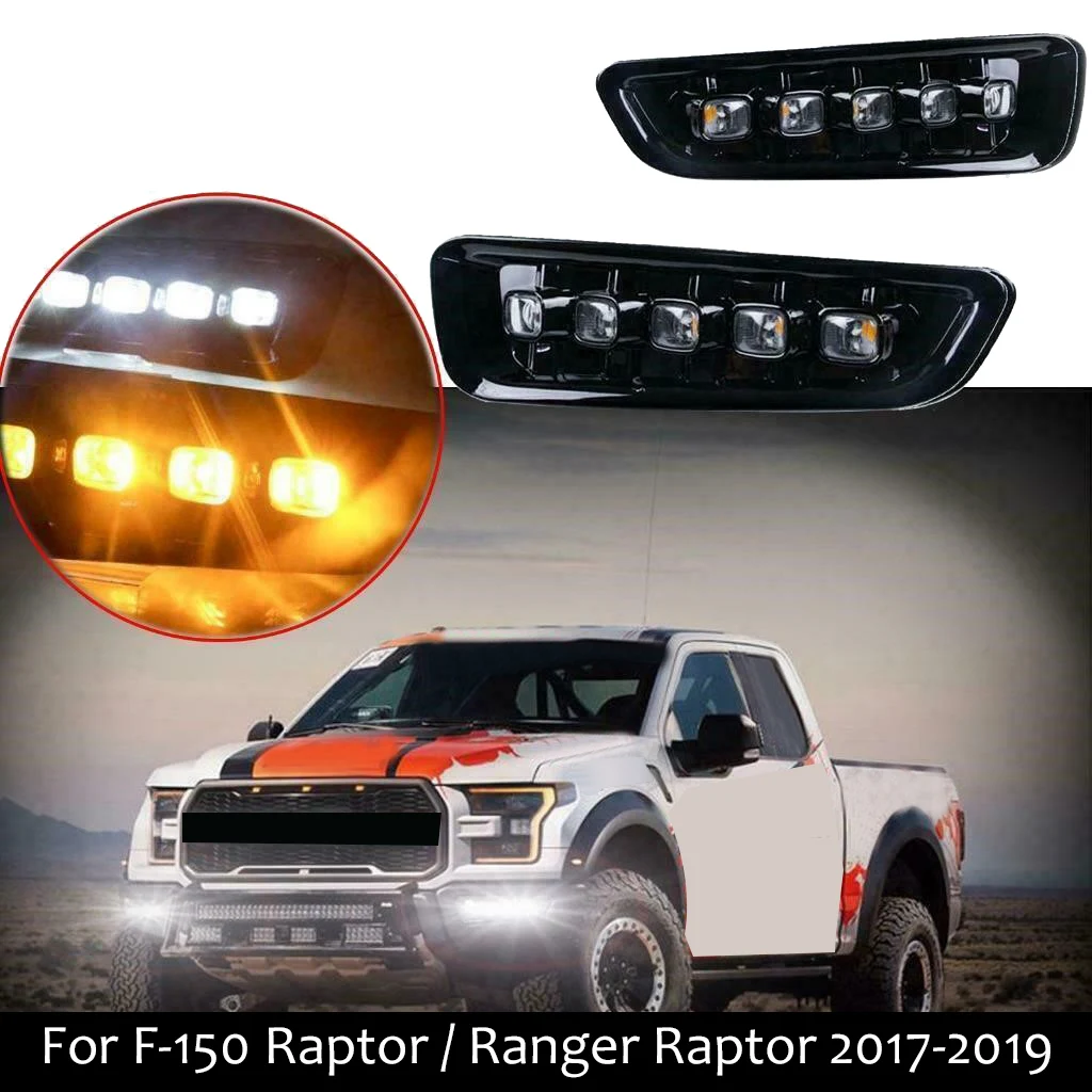 for Ford F-150 Raptor / Ranger Raptor 2017-2019 Front Bumper Bezels L+R LED DRL with Turn Signal Fog Light Lamp