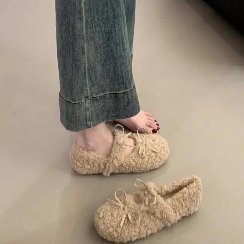 New Style Fashion Women's Shearling Ballet Flats with Strap Warm Rabbit Fur Plush Lined Crystal Buckle Mary Jane Flat Shoes view 4
