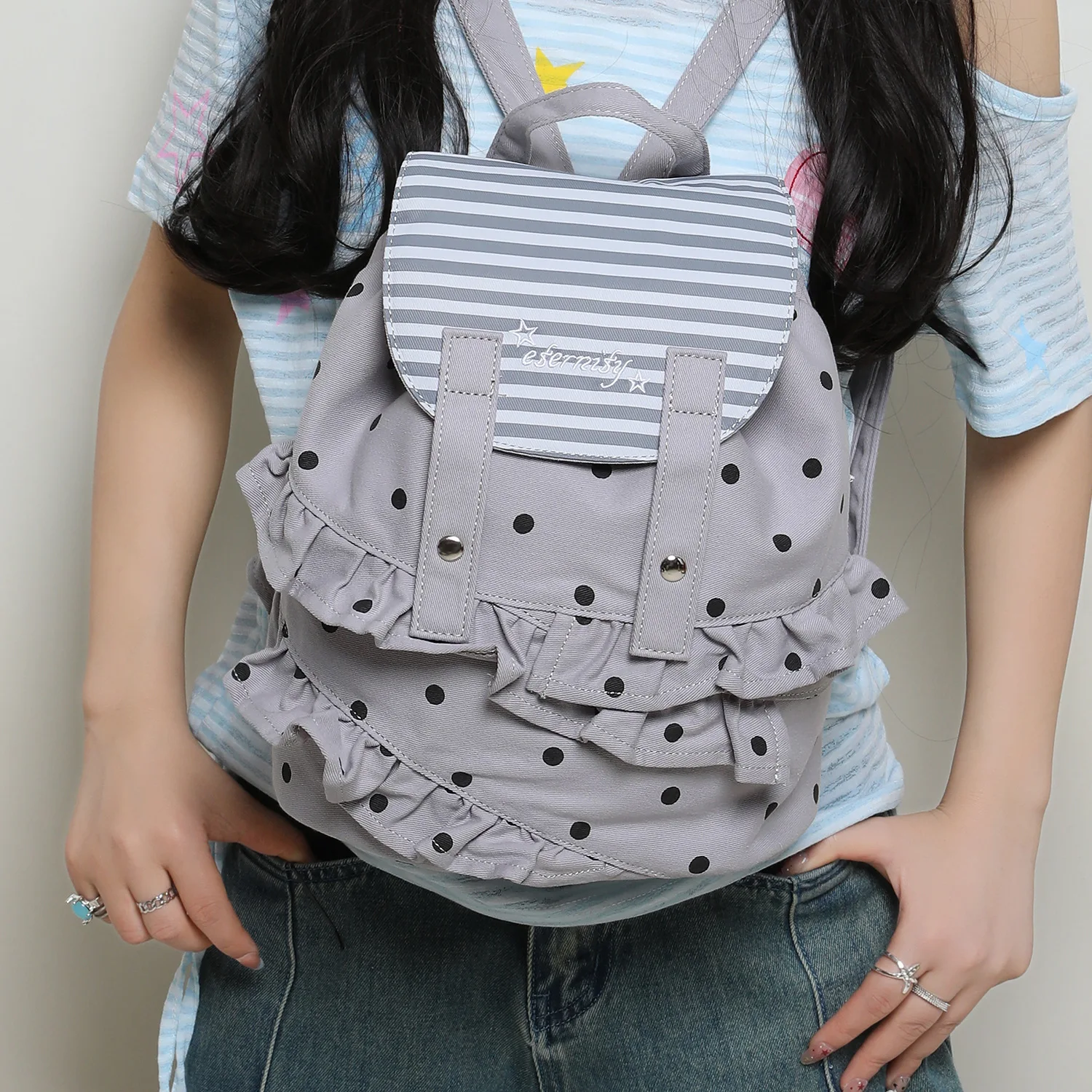 Wear-resistant canvas student schoolbag polka dot bump color ballet skirt edge pull rope clamshell small backpack lady
