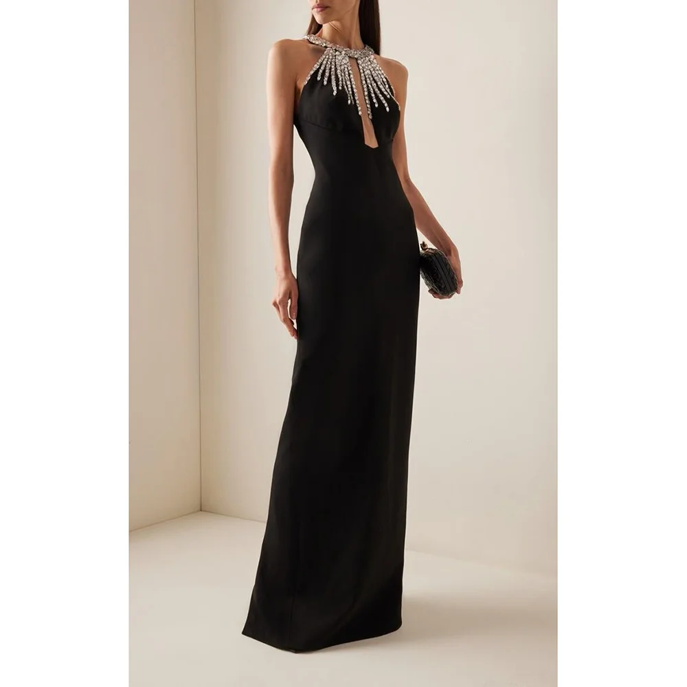 

Luxry High Quality Halter Sleeveless Cystal Applique Cut Out Women Prom Gown Backless Long Lady Gorgeous Party Dress