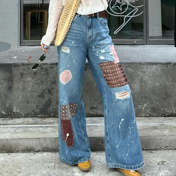 

Hot Girl Design Lacquered Cloth Sticker Jeans Women 2025 Spring Autumn New Style Washing Ripped Splicing Floor Pants