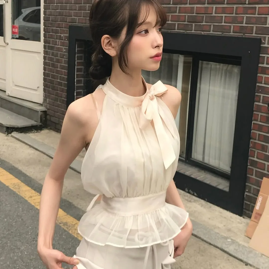 

Ele Silk irt Women's Dongda Gate INS Sle Waist-Cinching Bowtie Svel Top Sweet French Sle round Ne Pure Color