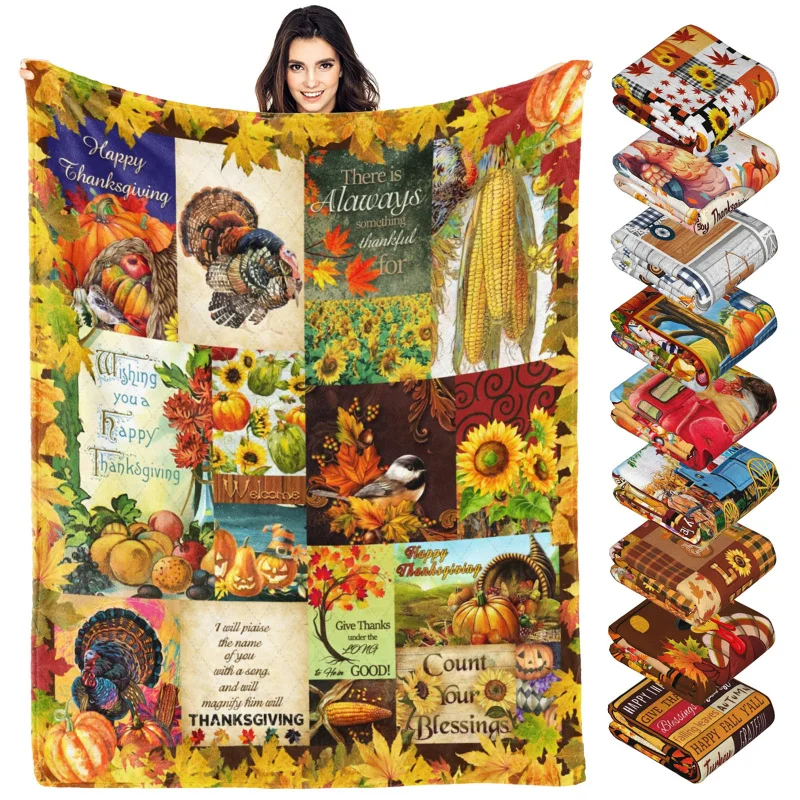 

Fall Maple Leaf Throw Blanket Thanksgiving Family Pumpkin Turkey Decorative Blankets Flannel Throws for Bed Couch