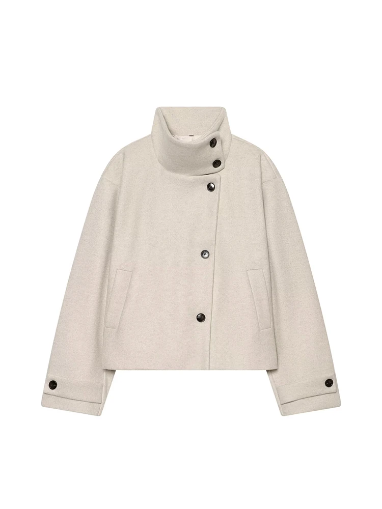 TFMLN New Women Stand Collar Jacket Solid Full Sleeve Single Breasted Casual Woolen Coats Female Autumn Winter Lady Outwear