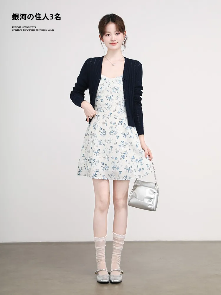 

Galaxy Resident Knitted Cardigan Women's Summer Floral Halter Dress Short Style Two-Piece Set Long Sleeve Short Length Spring...