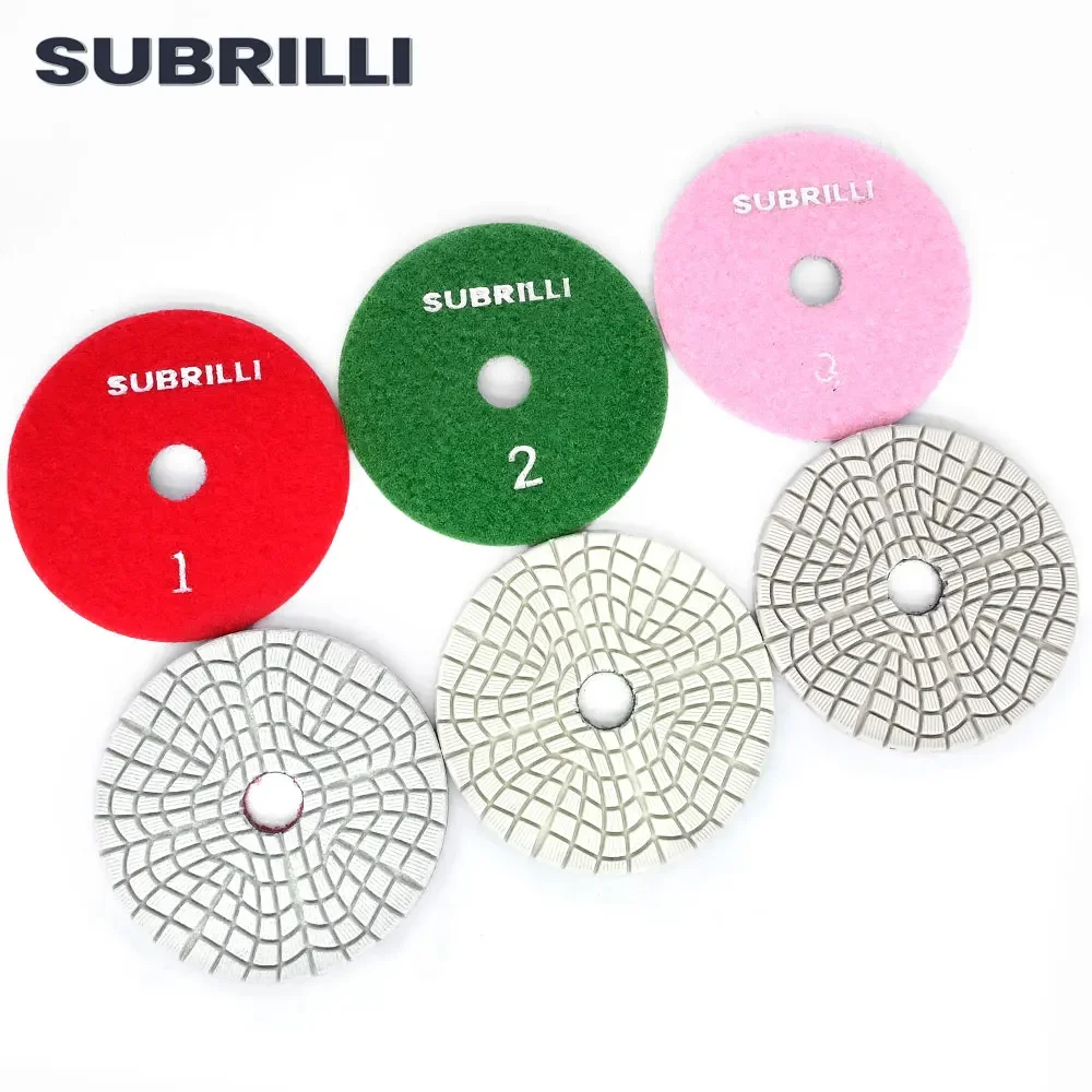 SUBRILLI 4inch 3 Step Diamond Polishing Pads Wet Use 100mm Flexible For Stone Granite Marble Concrete Buffing Disc