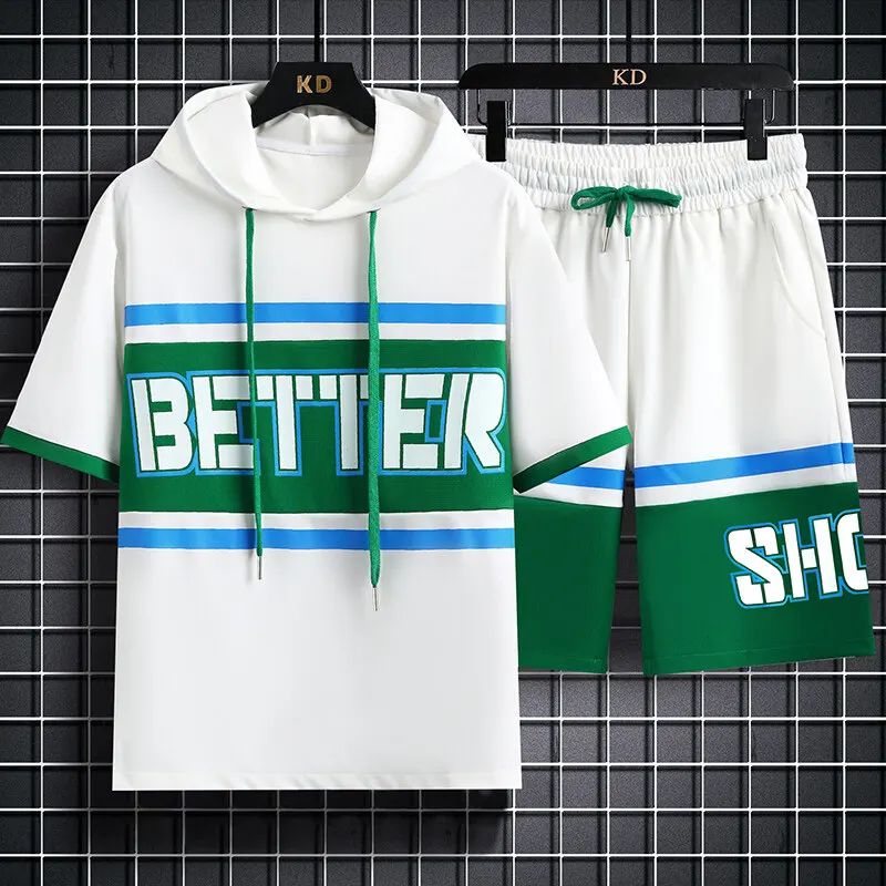 

Summer New Fashion Trend Printed Hooded T-shirt Set For Men Loose Sport Comfortable Breathable High Quality Two-Piece Set M-3XL