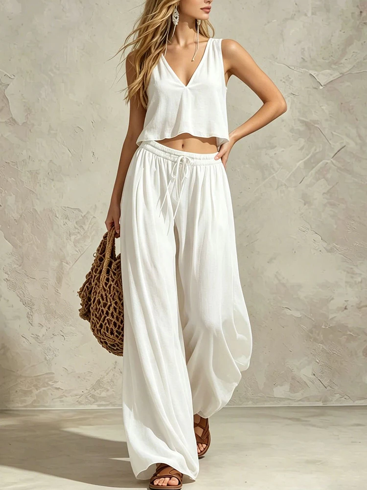 Summer Women's Sleeveless Casual Style Polyester Material 2026 New Fashion V-neck Strap Top Wide Leg Pants Set