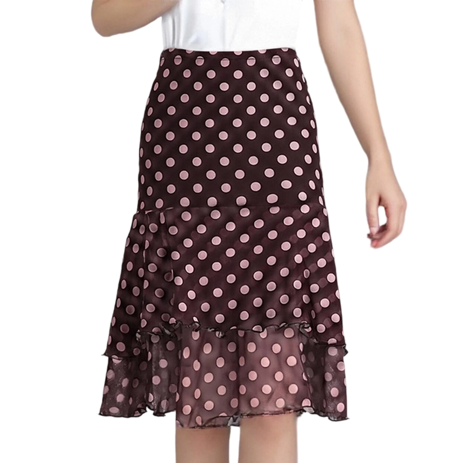 تنورة نسائية متوسطة الطول منقطة عصرية ذات طبقات مكشكشة تنورة فضفاضة بطول الركبة لملابس غير رسمية للعمل على الشاطئ