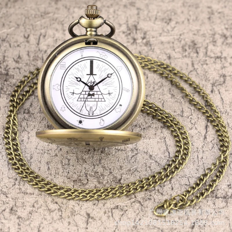 Disney Movie Gravity Fall Bill Cipher Time Gem Necklace Quartz Pocket Watch Weird Town Triangle One-Eyed Devil Pendant Chain Toy