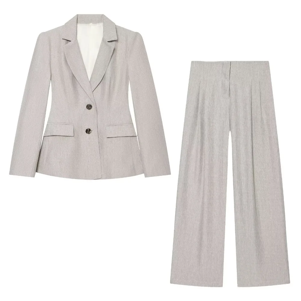 Stylish OL Style Pant Sets Women New Matching Sets Linen Blazer with Shoulder Pads and Flap Pockets + High-waisted Pleated Pants