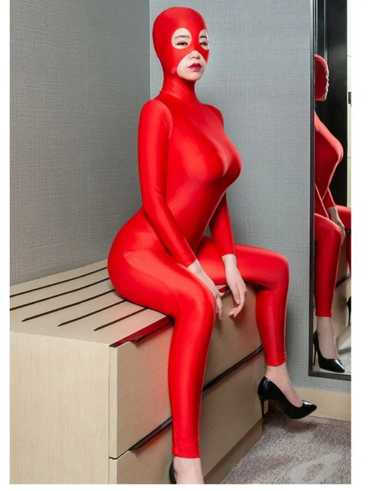 Sexy Women Zip Open Crotch Bodysuit Oil Shiny Catsuit Elasitc Sexy Tight Nylon Gloosy Bandage Bodycon Jumpsuit Nightclub Cosplay