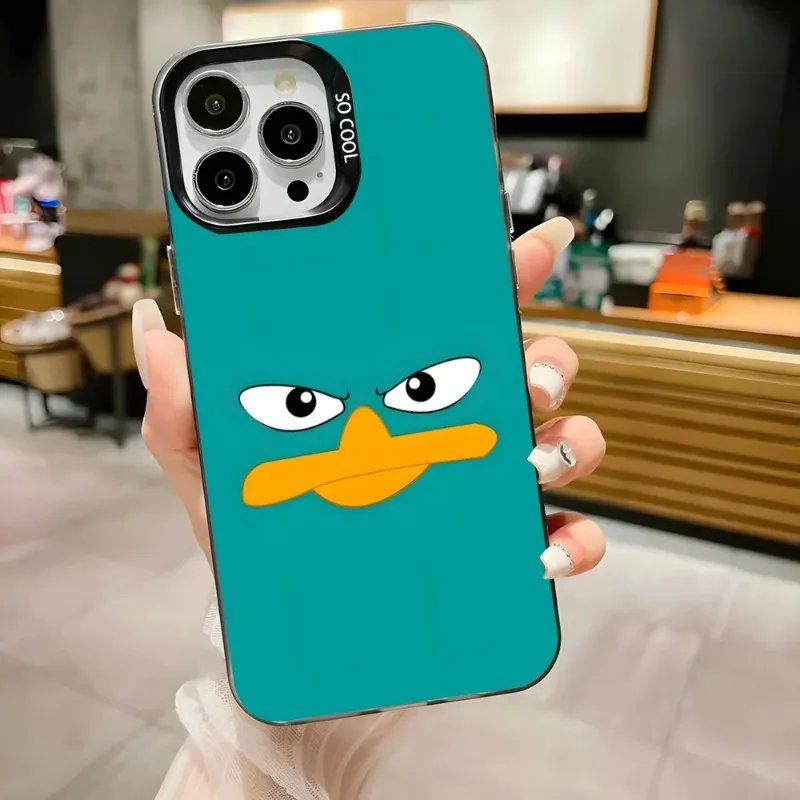 حافظة هاتف كارتون بيري The Platypus لهاتف آيفون 17,16,15,14,13,12,11,Pro,Max,Plus,Anti Fall Black Matte Hard Bumper