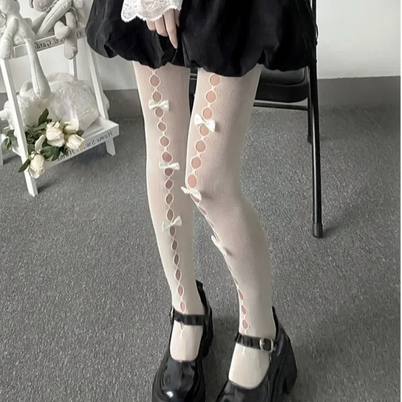 Lolita Cosplay Girls Bowknot Hollow Out Pantyhose Sexy Thin Ins Tide Lace Tights Anime Socks Black White Fishnet Silk Stockings