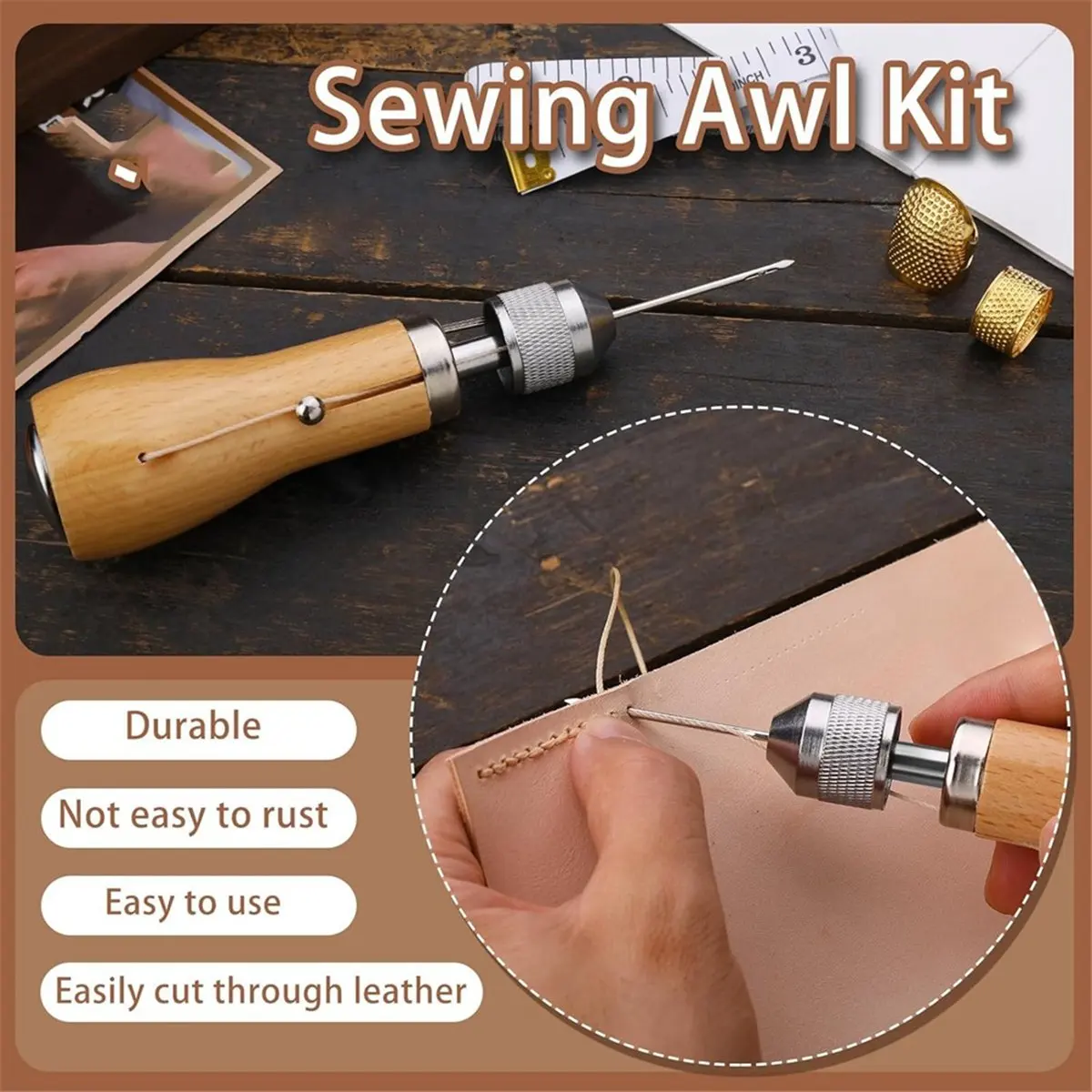 *CLOS مجموعة الخياطة Awl، أداة خرامة محمولة، مجموعة خيط الخياطة الجلدية، مجموعة خيط مشمع للخياطة الجلدية #5