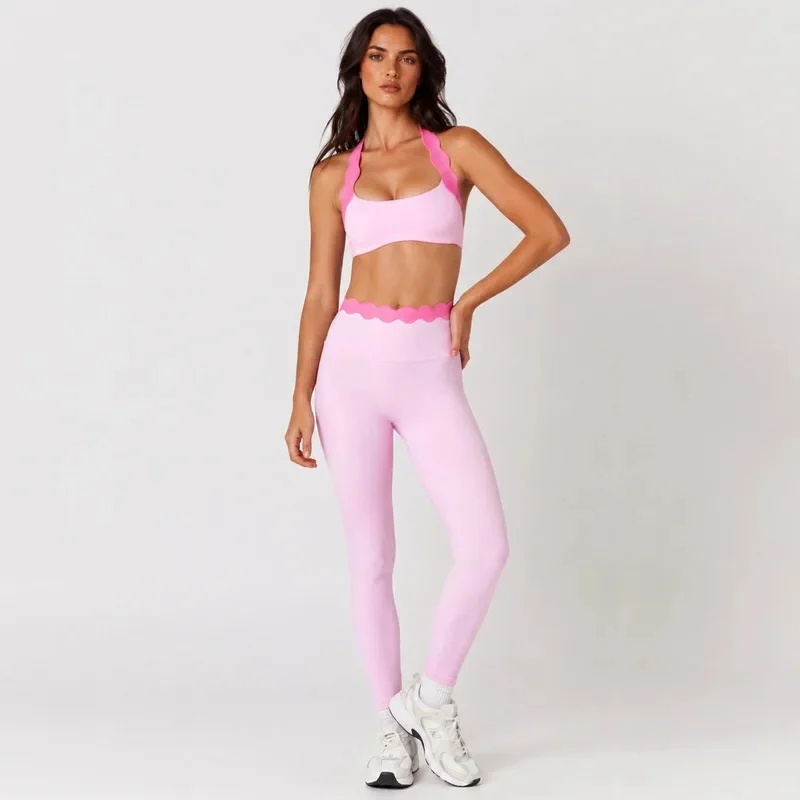 Shell Lace Halter Neck Bra Yoga Set For Women Sports Backless Pilates Outfit Slim Fit Solid Color Summer Pants Workout Set