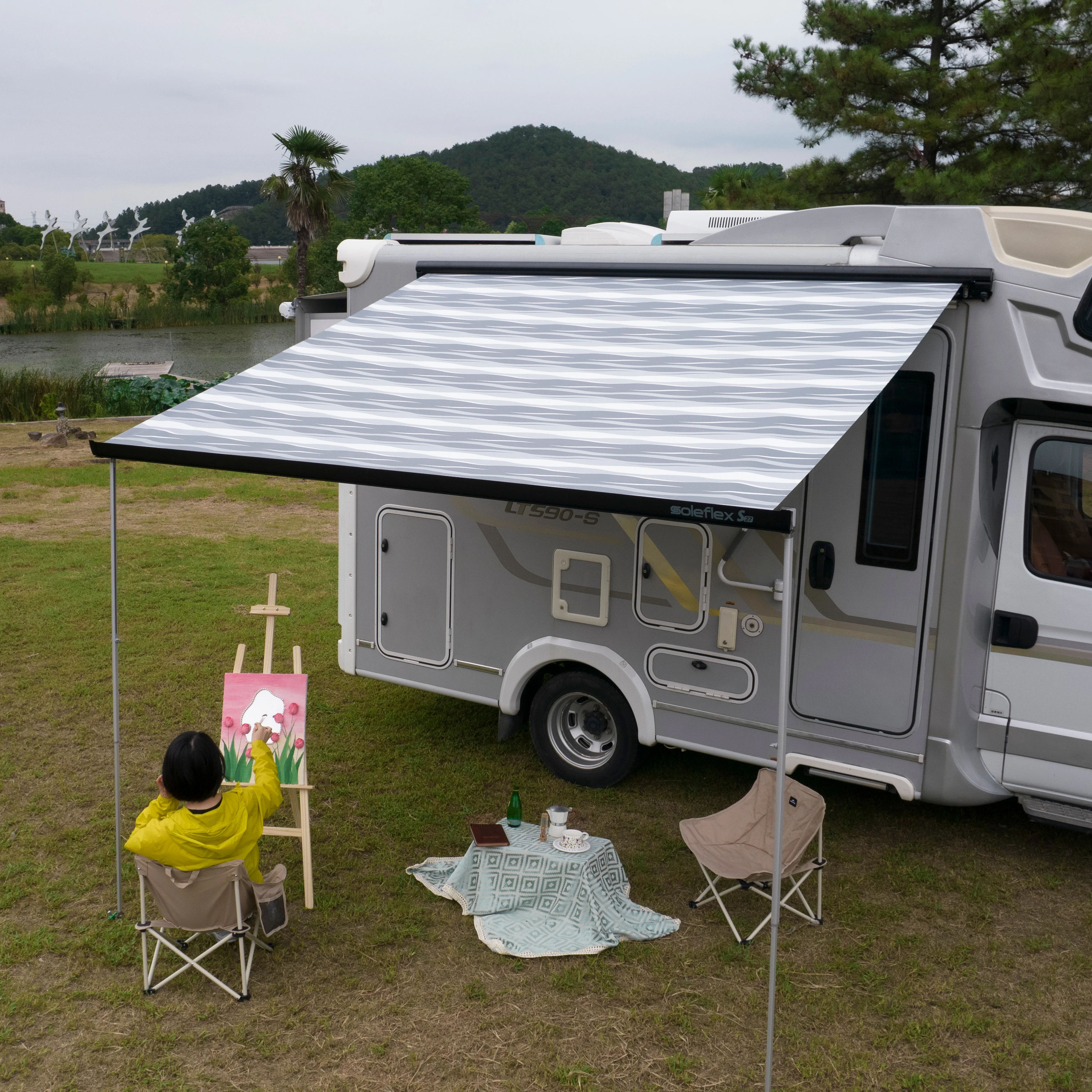 12V Motorhome Sun Shade 300x250cm, Waterproof PVC Canopy, Aluminum Alloy Frame, For Motorhome Camping, Exterior Accessories